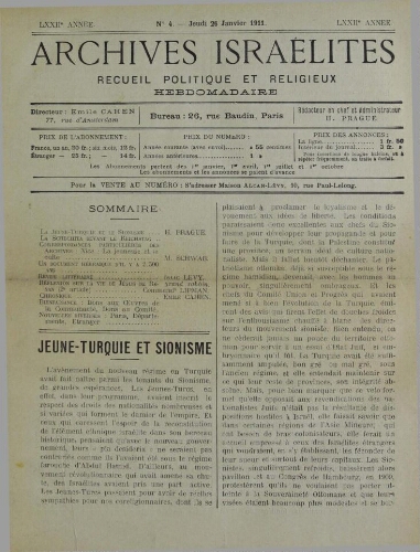 Archives israélites de France. Vol.72 N°04 (26 janv. 1911)
